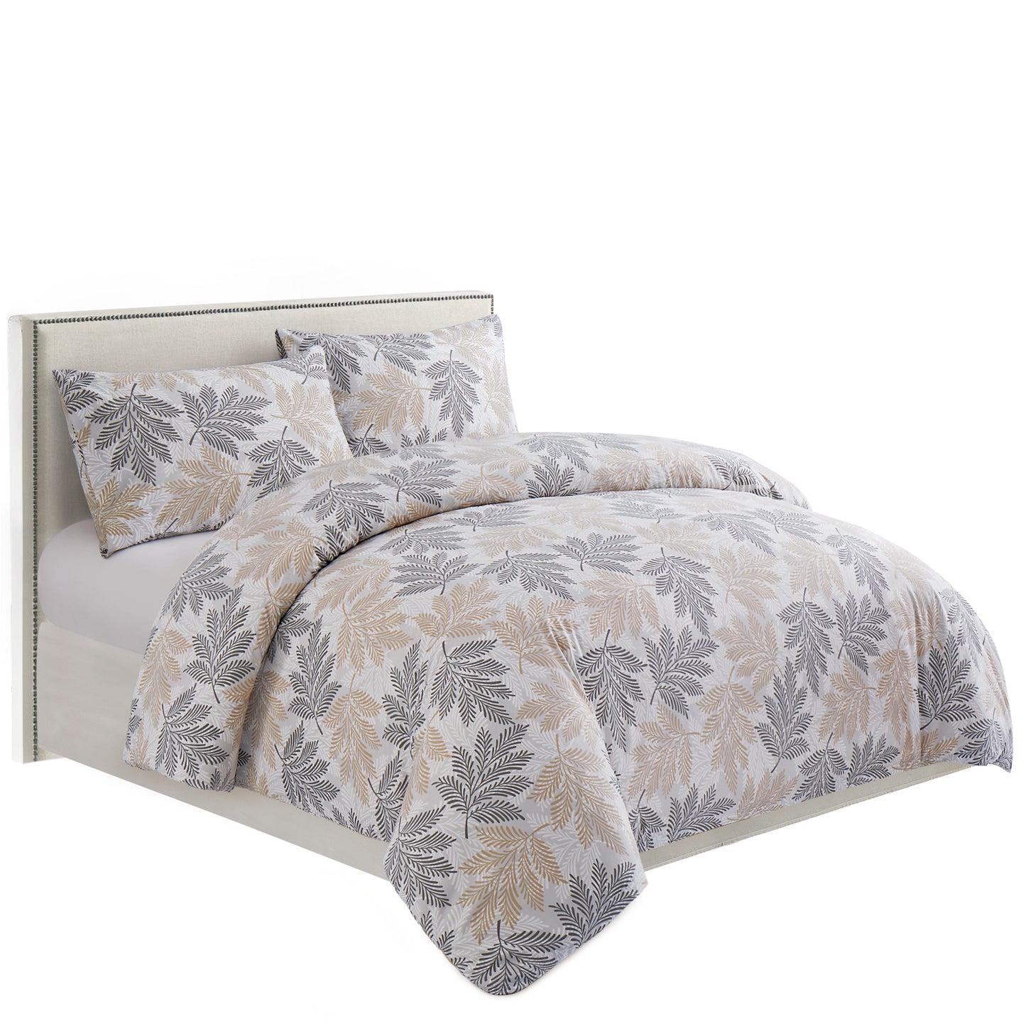 Printed Rayon from Bamboo Soft Bedding Silky Zipper All Season Duvet Cover Set, Taupe Grey Leaves