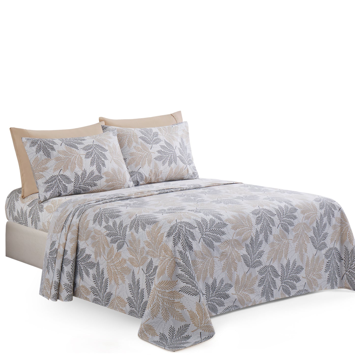 Printed Rayon from Bamboo Soft Deep Pocket Bedding All Season Sheet Set, Taupe Grey Leaves