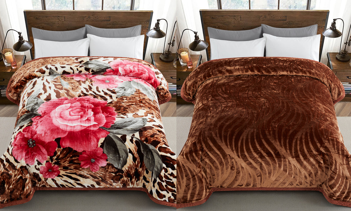 Printed Reversible Woven Fluffy Plush Soft Warm Korean Style 2 Ply Flannel Fleece Throw Animal Mink Blanket, 86" x 94" Floral Leopard
