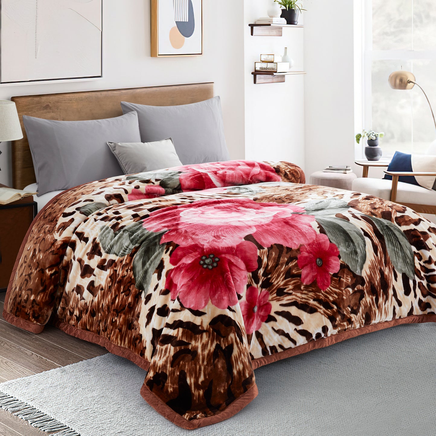 Printed Reversible Woven Fluffy Plush Soft Warm Korean Style 2 Ply Flannel Fleece Throw Animal Mink Blanket, 86" x 94" Floral Leopard