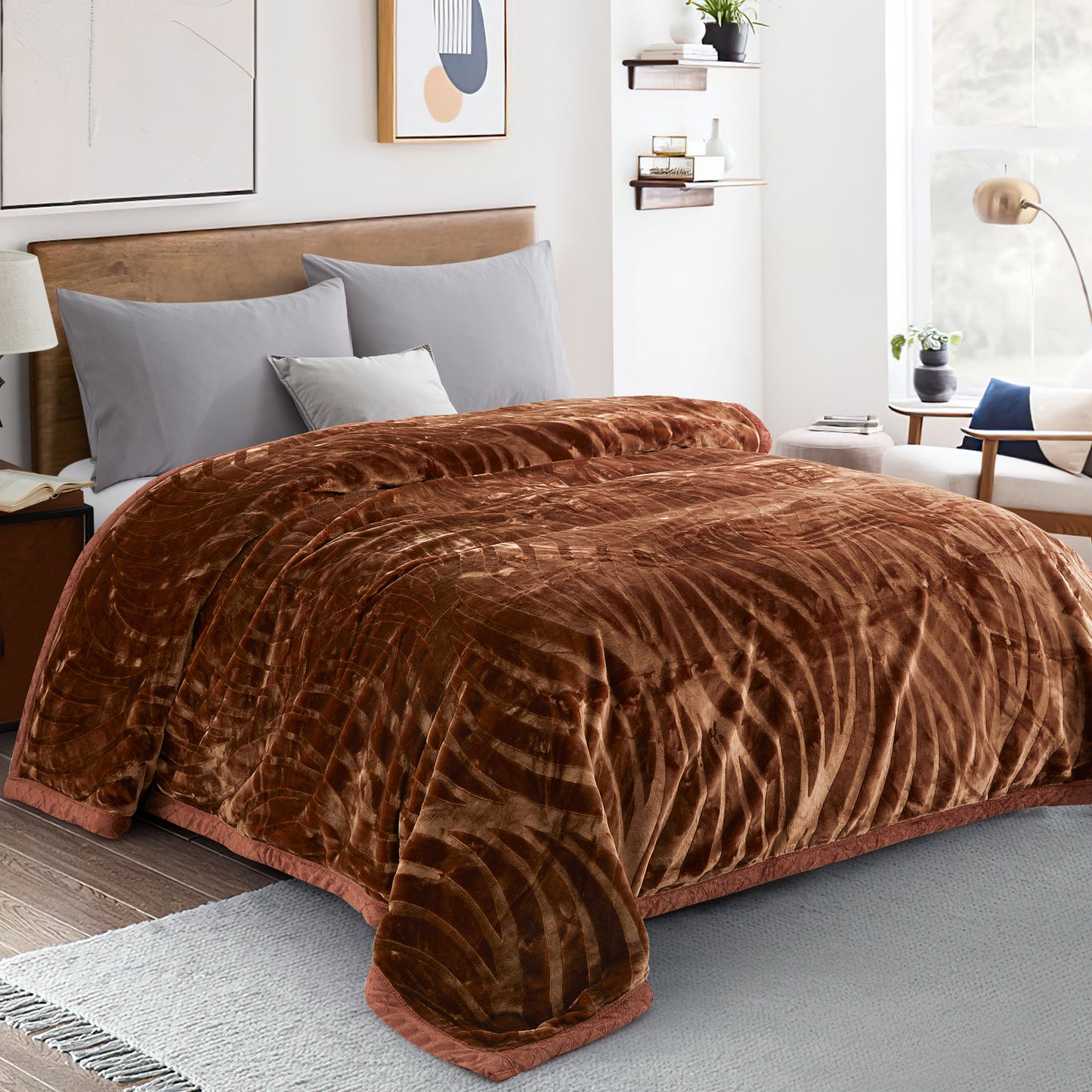 Printed Reversible Woven Fluffy Plush Soft Warm Korean Style 2 Ply Flannel Fleece Throw Animal Mink Blanket, 86" x 94" Floral Leopard