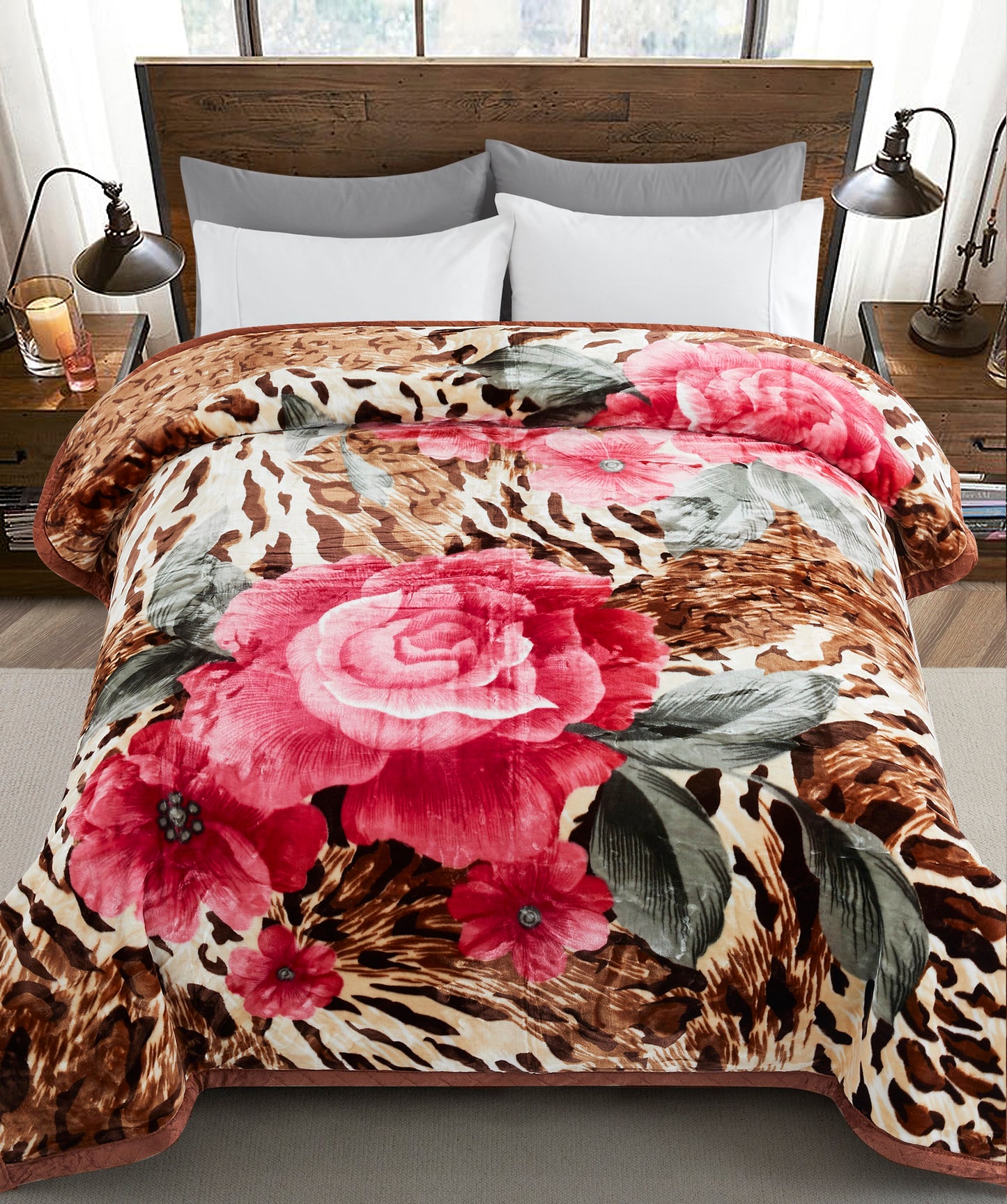 Printed Reversible Woven Fluffy Plush Soft Warm Korean Style 2 Ply Flannel Fleece Throw Animal Mink Blanket, 86" x 94" Floral Leopard