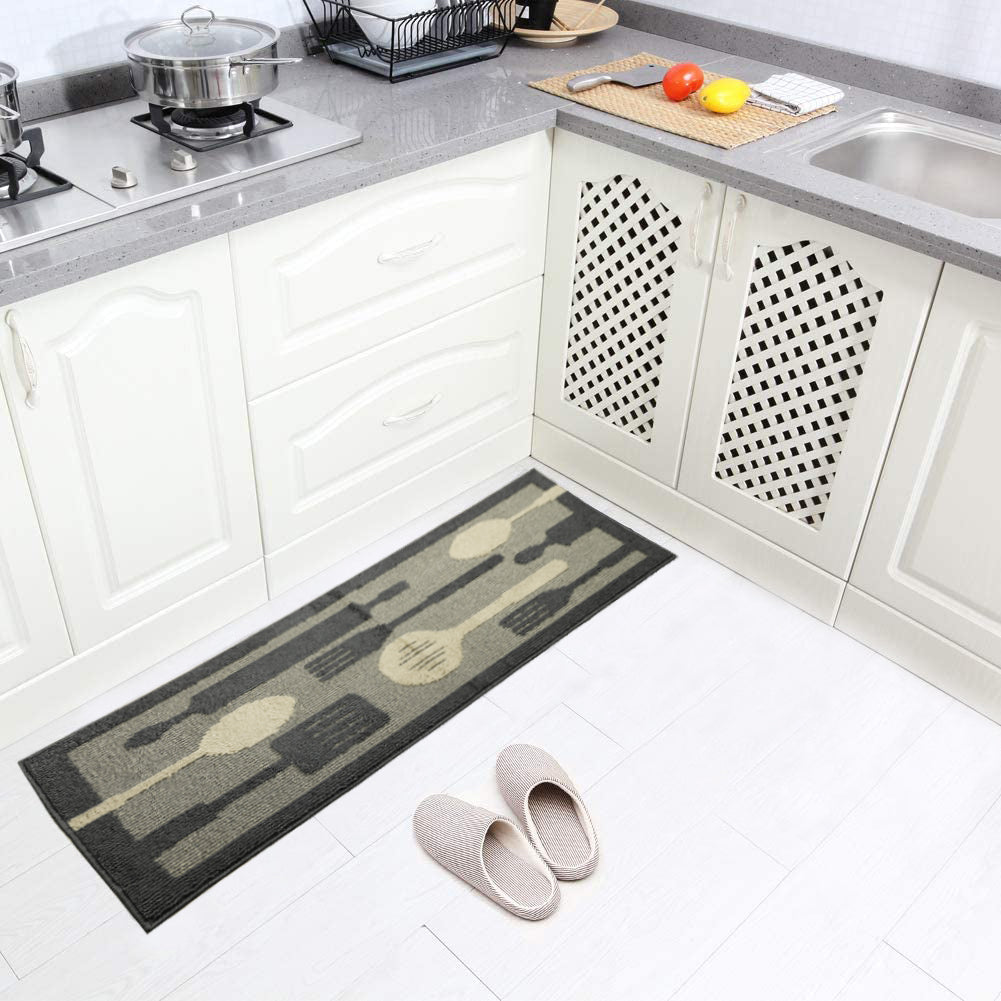 Decor Non-Slip Back Water Absorbent Soft Woven Runner Area Carpet Floor Mat Indoor Kitchen Rug, Grey Flying Utensils Design