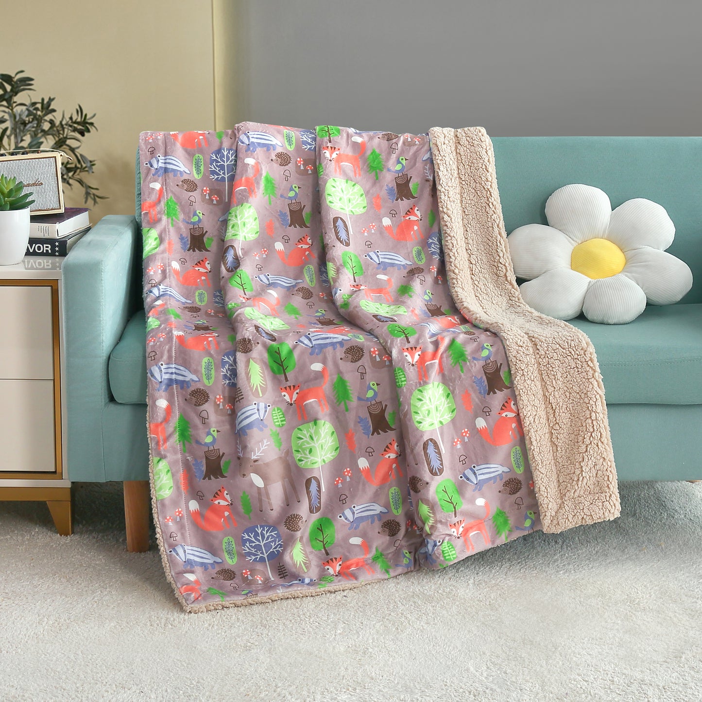 Kid Printed Fluffy Plush Soft Warm Flannel Fleece Children Throw Sherpa Kids Blanket, 40" x 50" Fox Forest Taupe