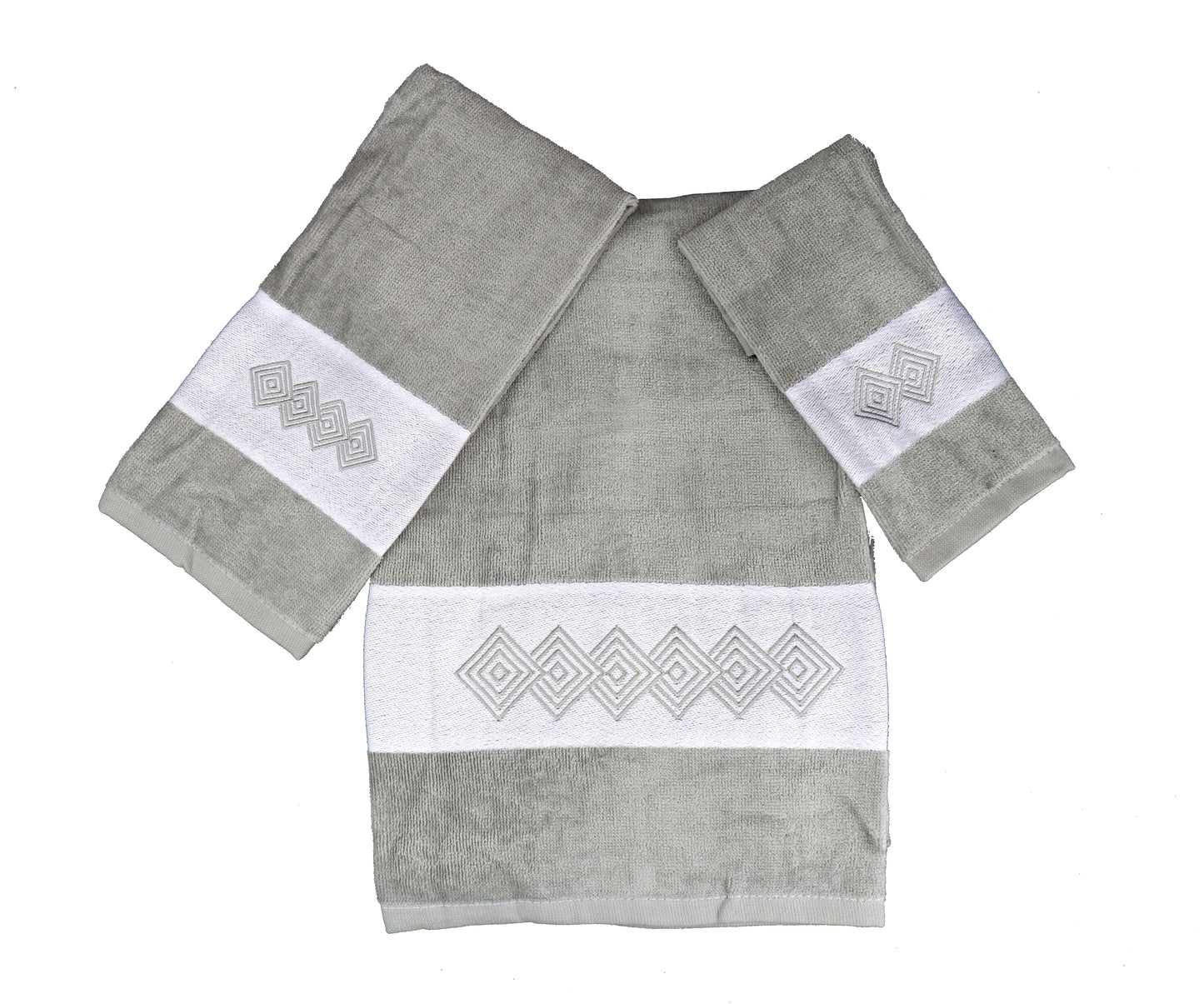 Premium Luxury Decor 100% Cotton Soft Bathroom Modern Embroidered 3 Piece Towel Set, Modern Square Pattern