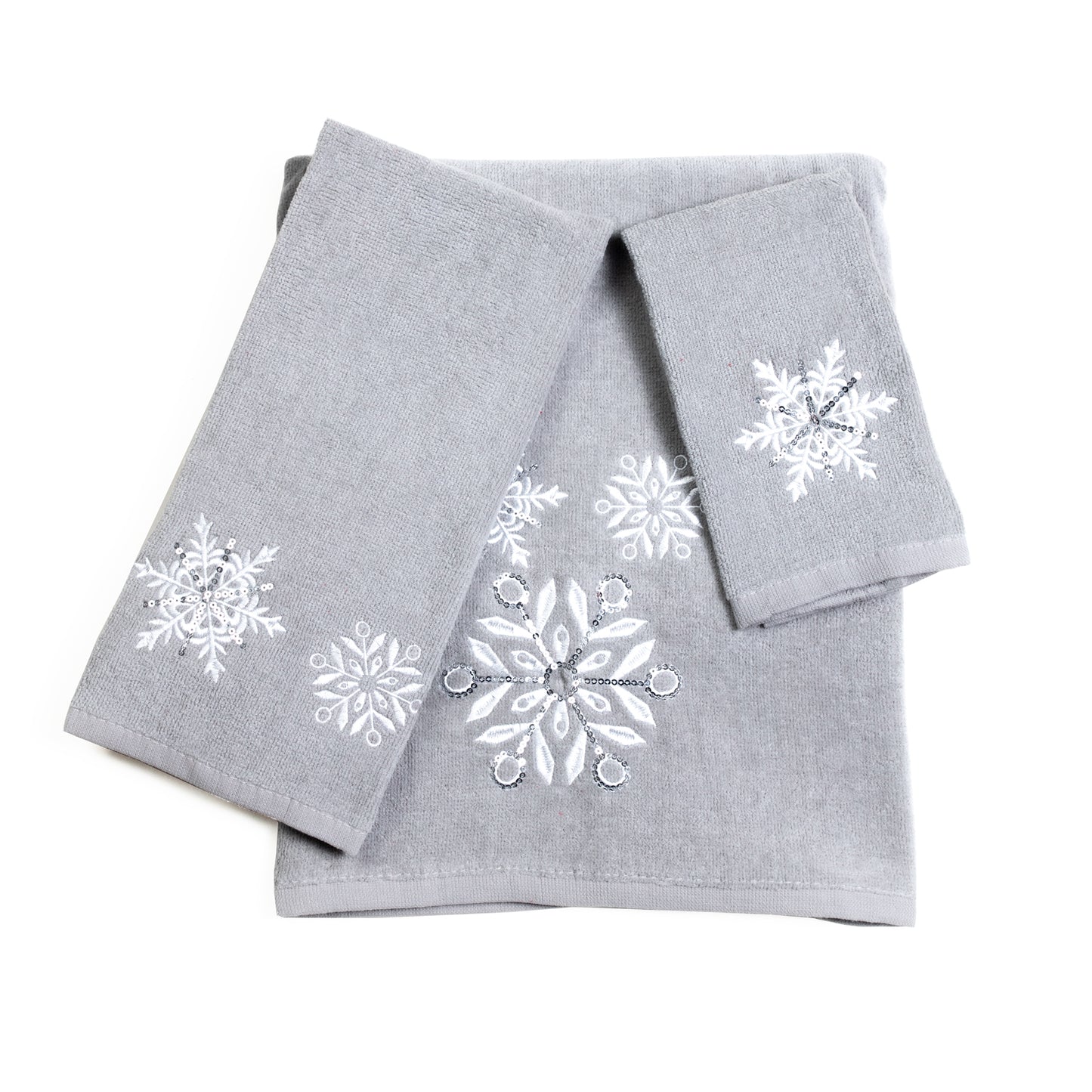 Premium Luxury Xmas Decor Soft 100% Cotton Embroidered Bathroom Christmas 3 Piece Towel Set, Grey Snowflake