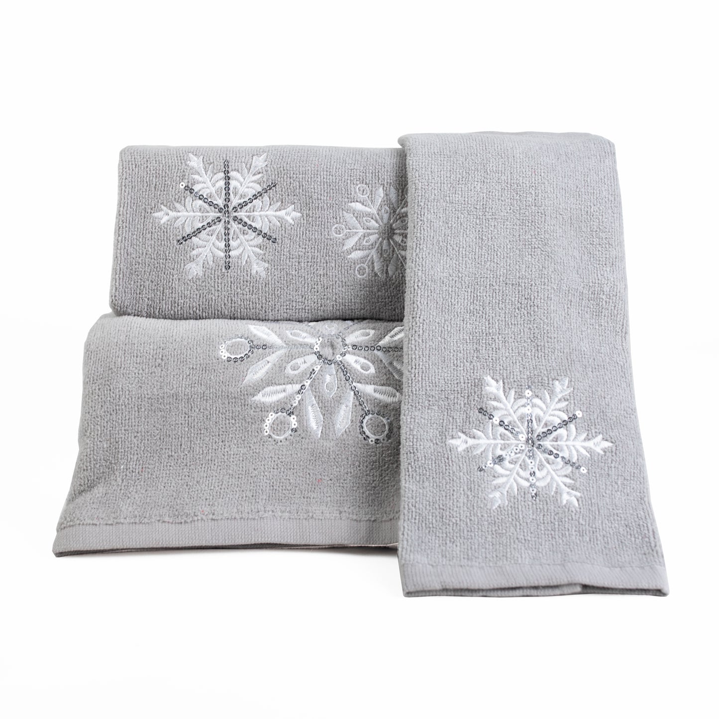 Premium Luxury Xmas Decor Soft 100% Cotton Embroidered Bathroom Christmas 3 Piece Towel Set, Grey Snowflake