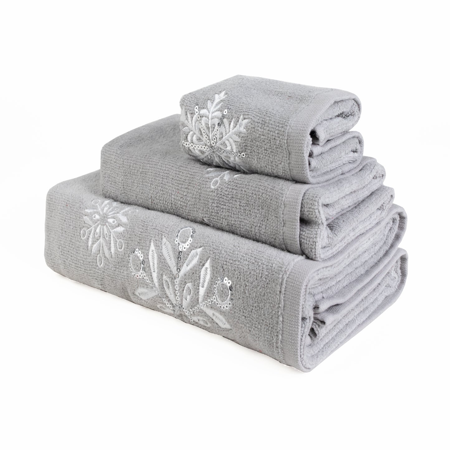 Premium Luxury Xmas Decor Soft 100% Cotton Embroidered Bathroom Christmas 3 Piece Towel Set, Grey Snowflake