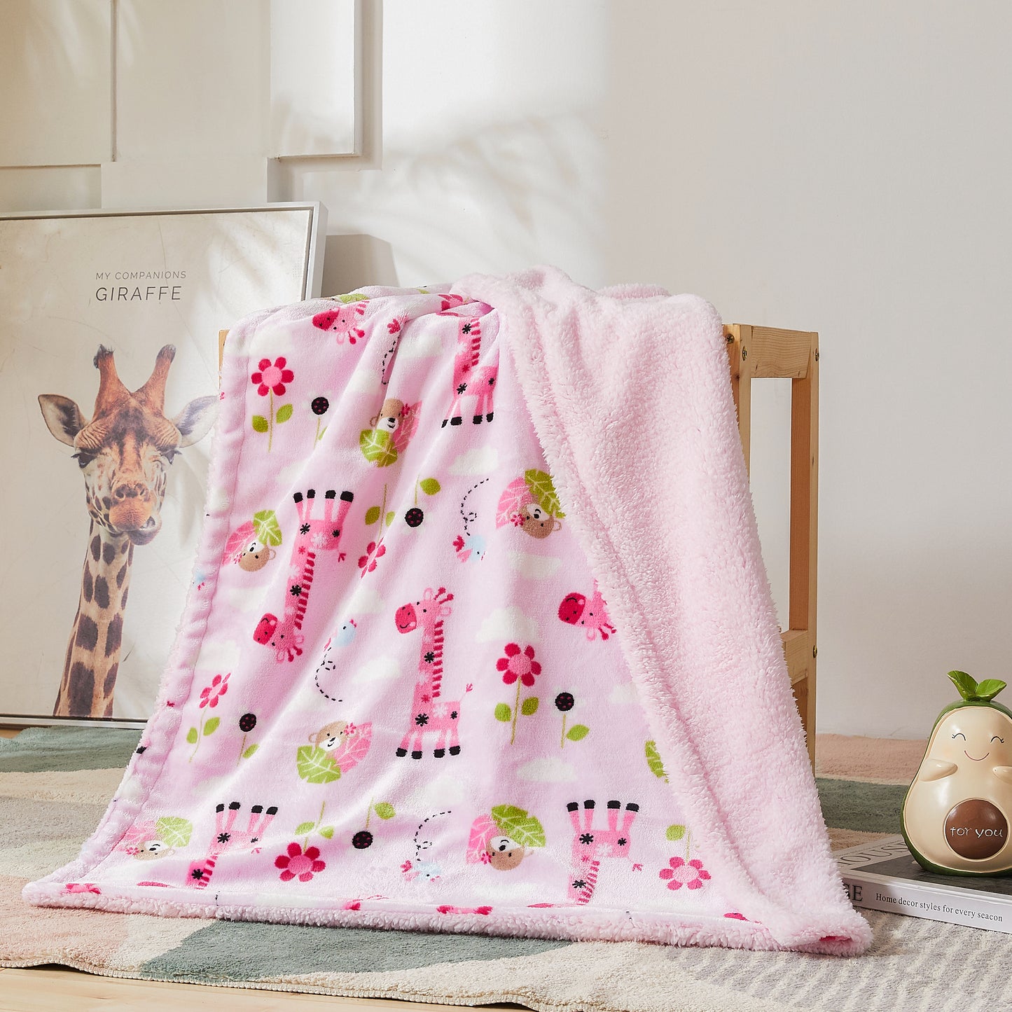 Kid Printed Fluffy Plush Soft Warm Flannel Fleece Children Throw Sherpa Kids Blanket, 30" x 40" Pink Giraffe Monkey