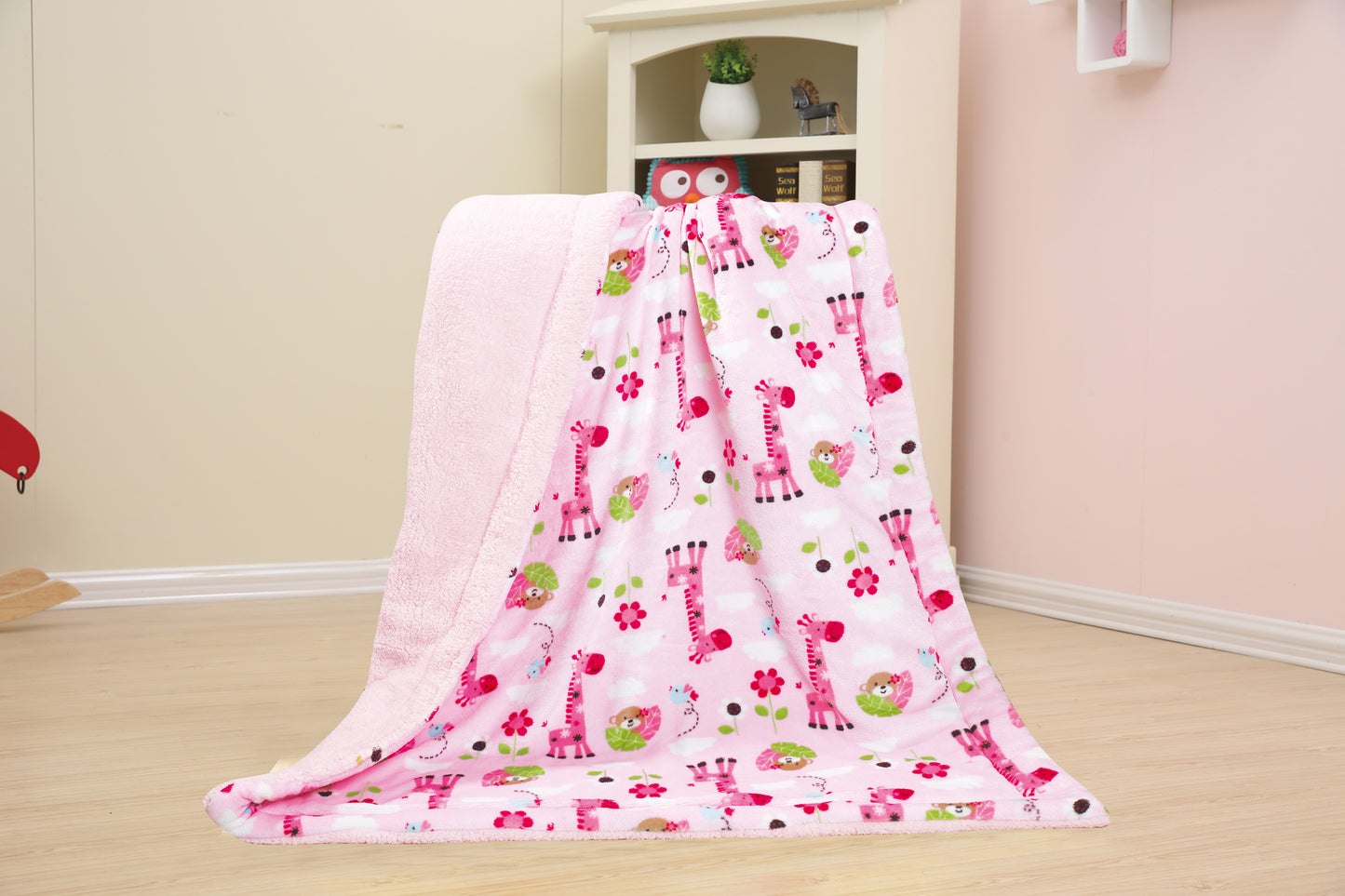 Kid Printed Fluffy Plush Soft Warm Flannel Fleece Children Throw Sherpa Kids Blanket, 30" x 40" Pink Giraffe Monkey