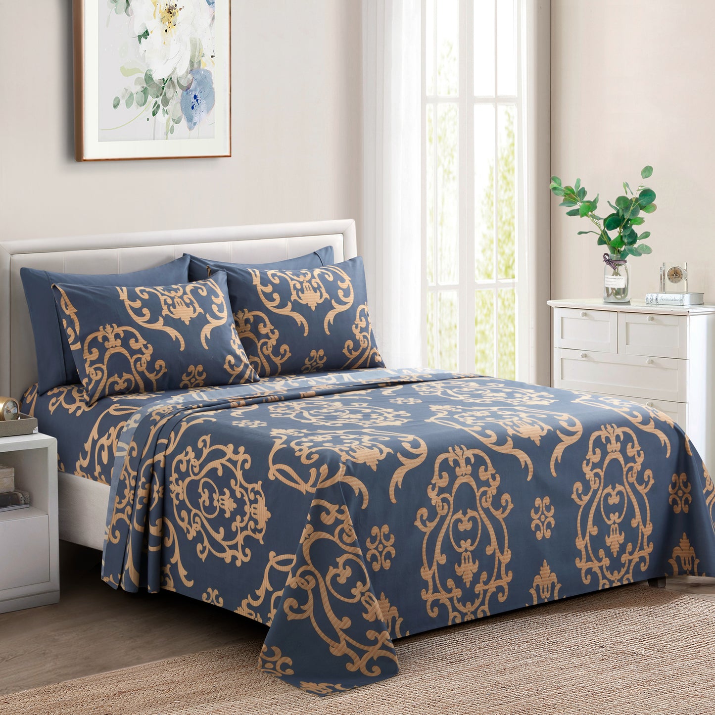 Printed Rayon from Bamboo Soft Deep Pocket Bedding All Season Sheet Set, Gold Damask Navy Blue