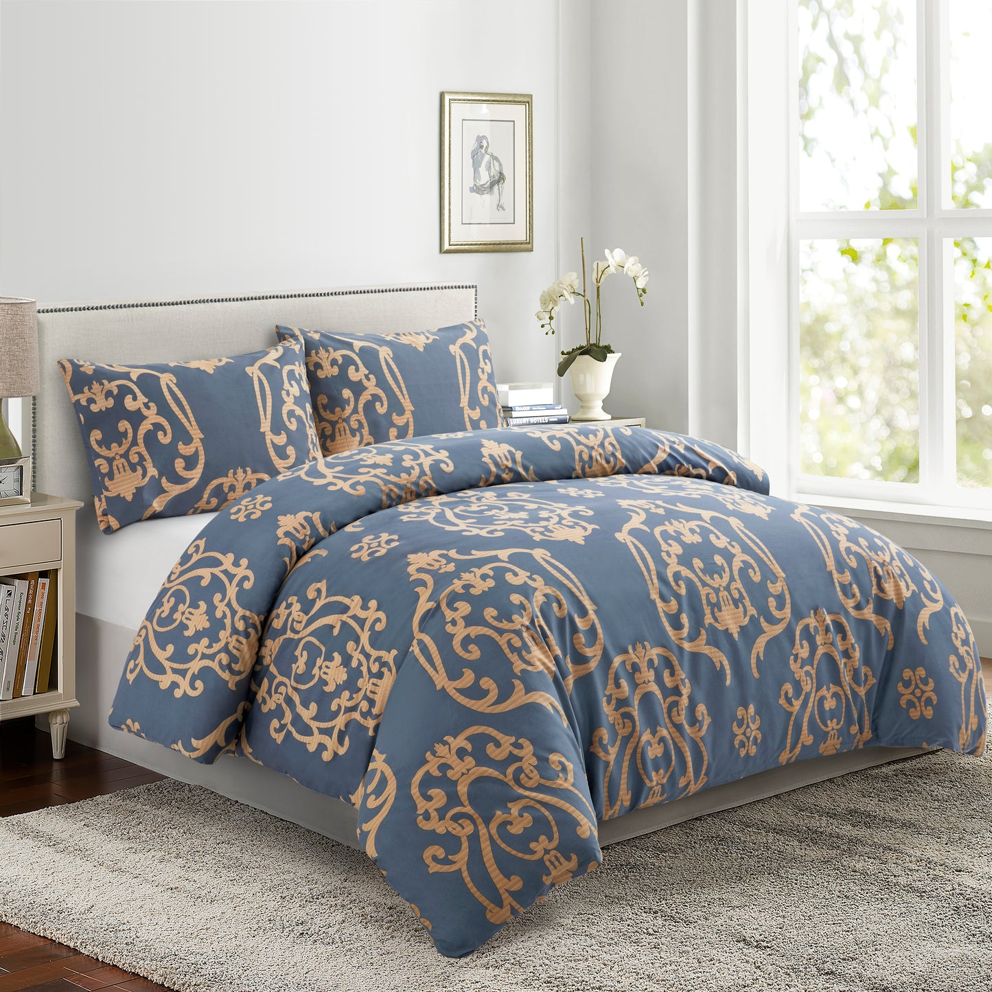 Printed Rayon from Bamboo Soft All Season Duvet Cover Fitted Sheet Ensemble Bedding Set with Zipper and Corner Tie, Gold Damask Navy Blue