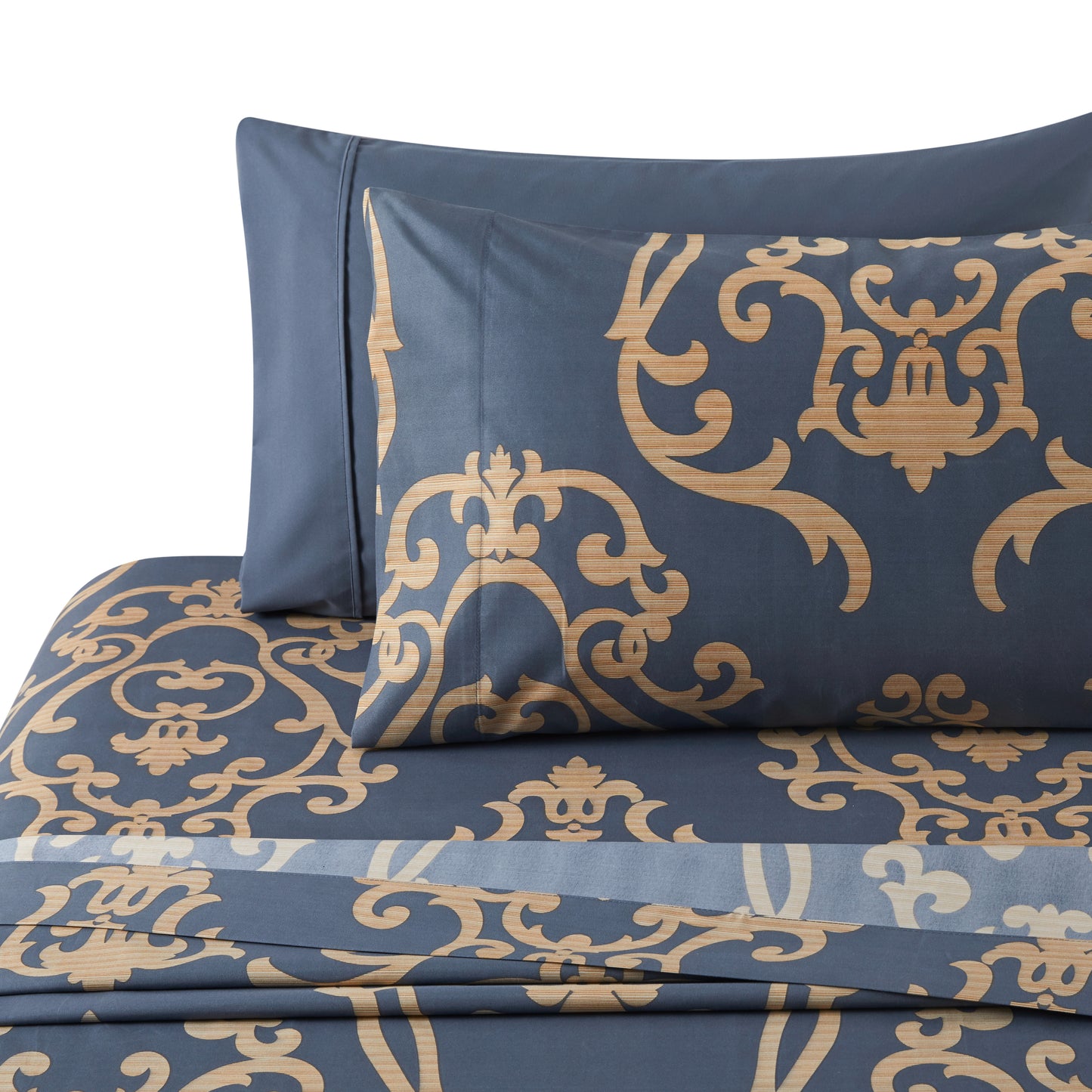 Printed Rayon from Bamboo Soft Deep Pocket Bedding All Season Sheet Set, Gold Damask Navy Blue