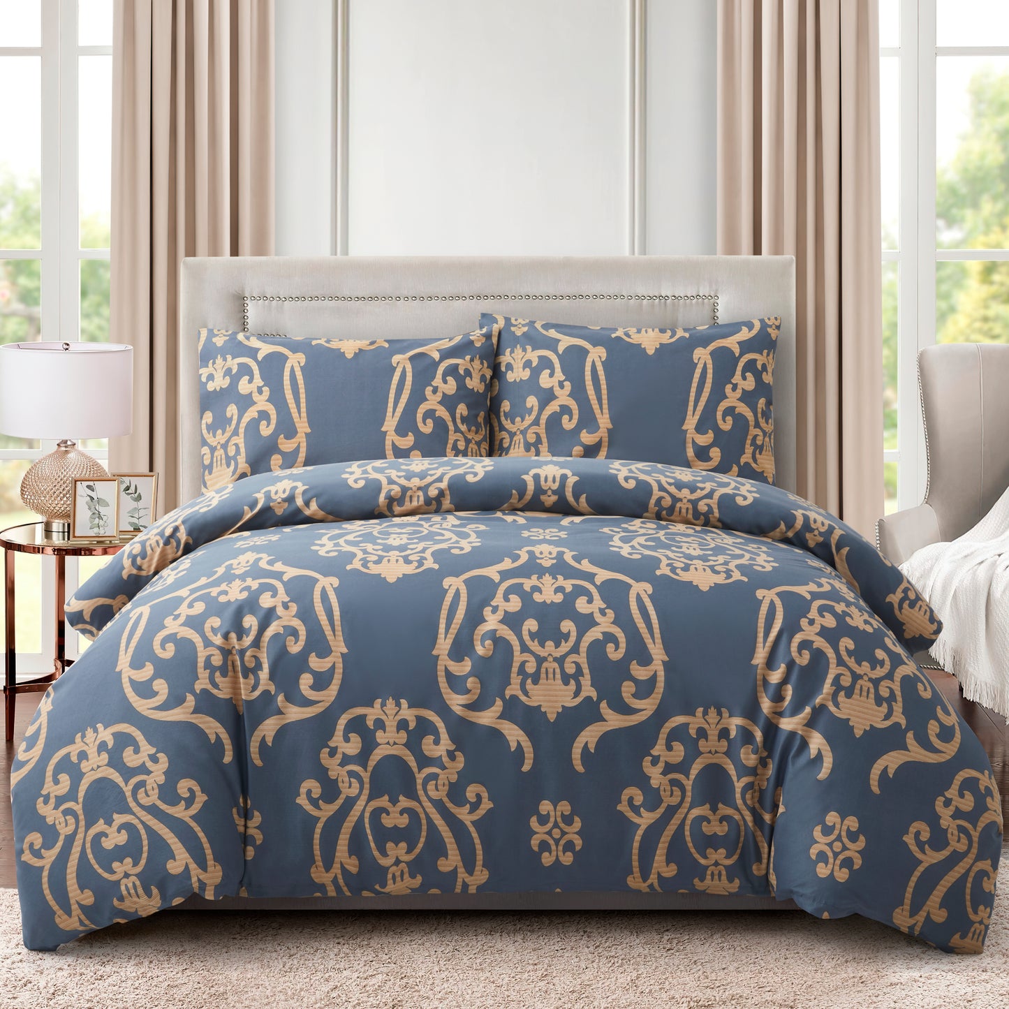Printed Rayon from Bamboo Soft All Season Duvet Cover Fitted Sheet Ensemble Bedding Set with Zipper and Corner Tie, Gold Damask Navy Blue