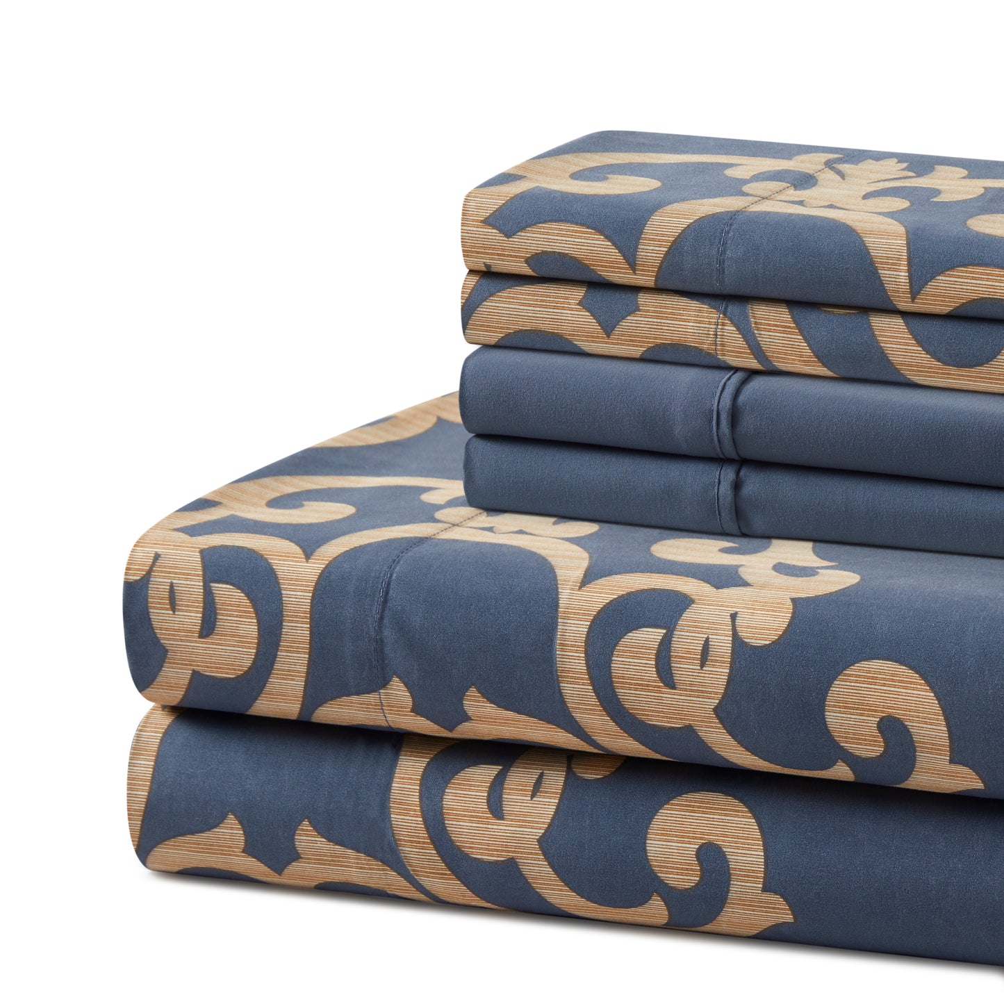 Printed Rayon from Bamboo Soft Deep Pocket Bedding All Season Sheet Set, Gold Damask Navy Blue