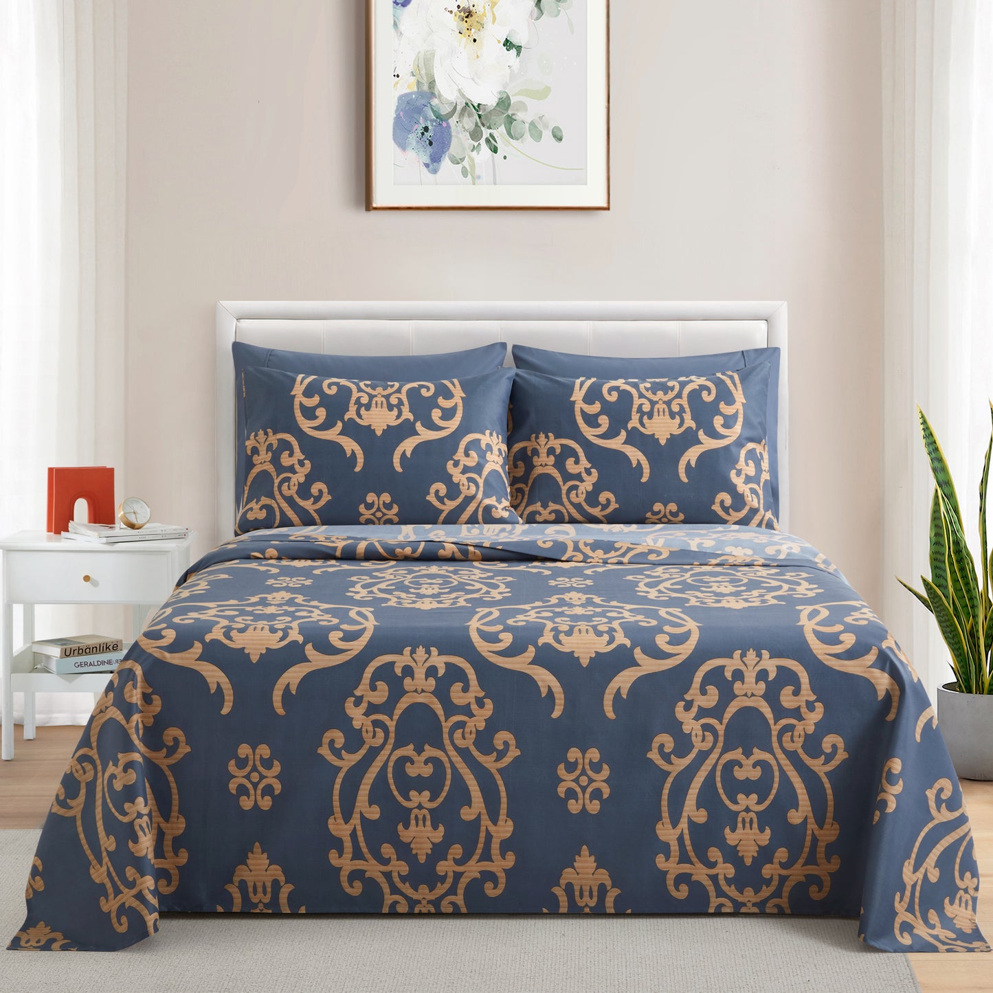 Printed Rayon from Bamboo Soft Deep Pocket Bedding All Season Sheet Set, Gold Damask Navy Blue