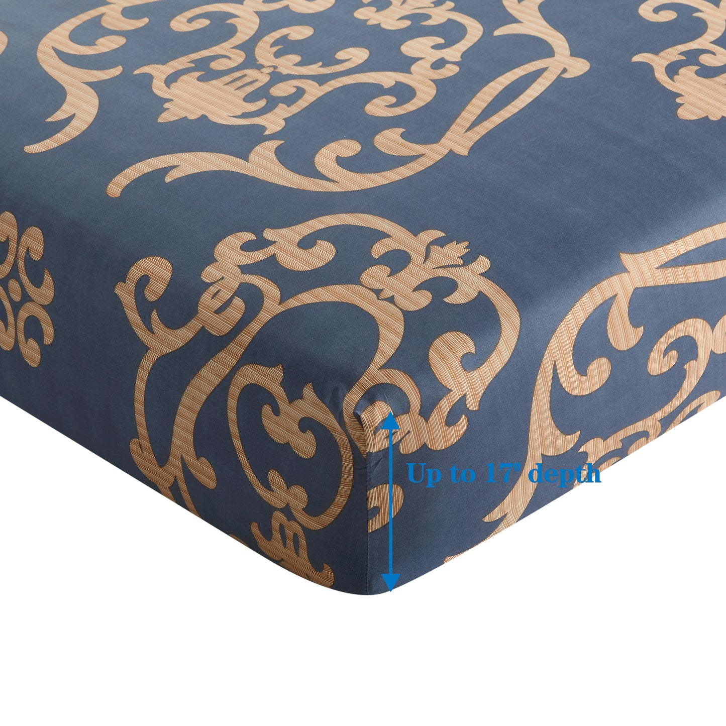 Printed Rayon from Bamboo Soft Deep Pocket Bedding All Season Sheet Set, Gold Damask Navy Blue