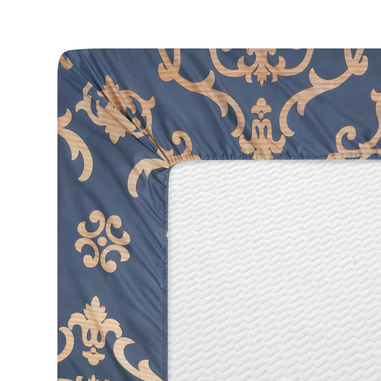 Printed Rayon from Bamboo Soft All Season Duvet Cover Fitted Sheet Ensemble Bedding Set with Zipper and Corner Tie, Gold Damask Navy Blue