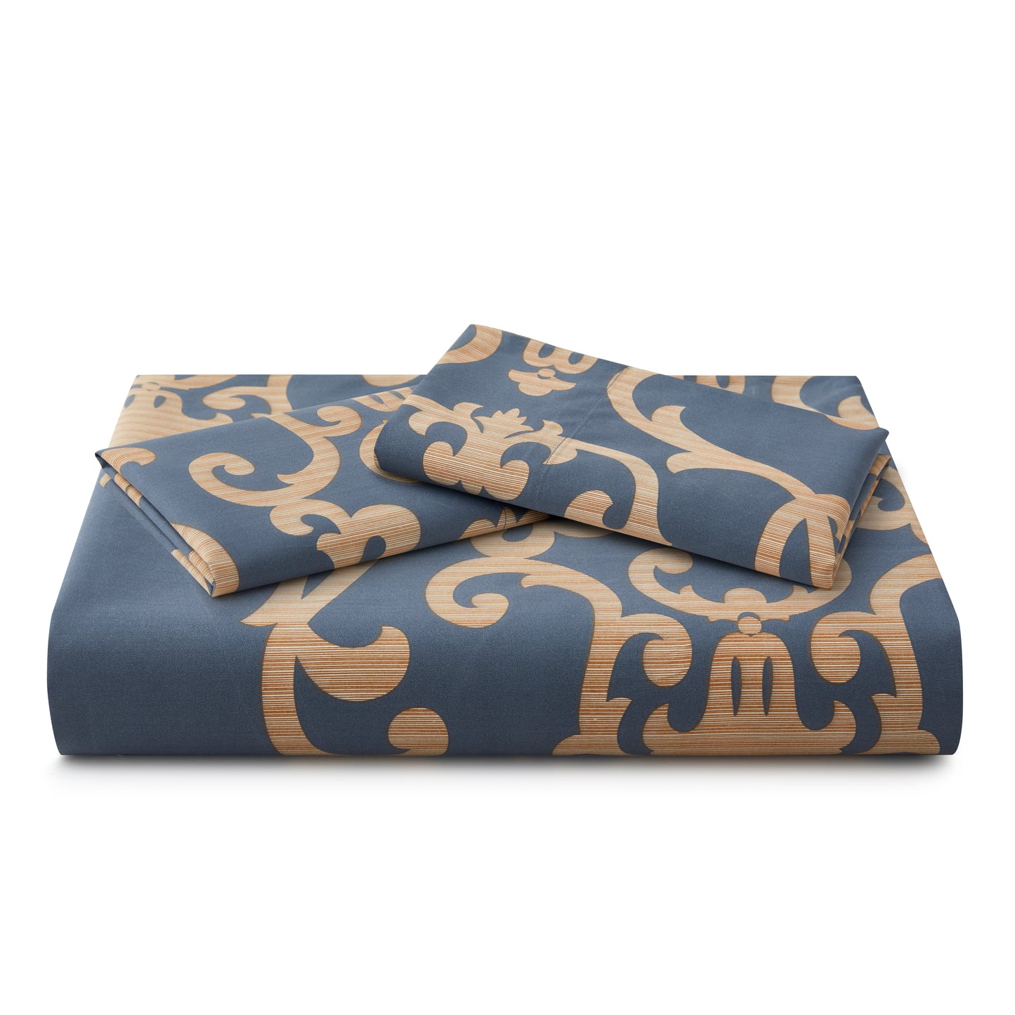 Printed Rayon from Bamboo Soft Bedding Silky Zipper All Season Duvet Cover Set, Gold Damask Navy Blue