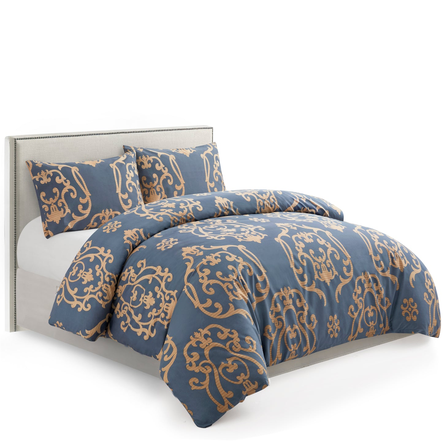 Printed Rayon from Bamboo Soft Bedding Silky Zipper All Season Duvet Cover Set, Gold Damask Navy Blue
