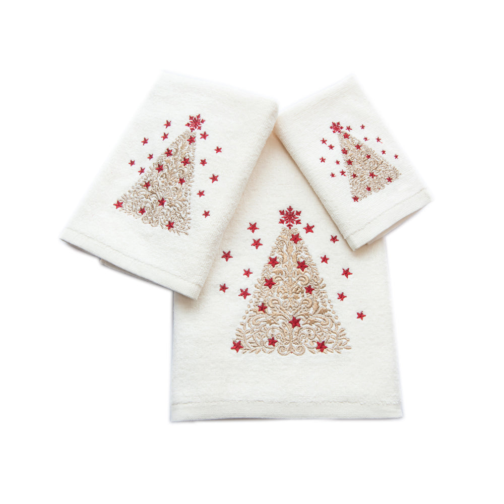 Premium Luxury Xmas Decor Soft 100% Cotton Embroidered Bathroom Christmas 3 Piece Towel Set, Gold Christmas Tree