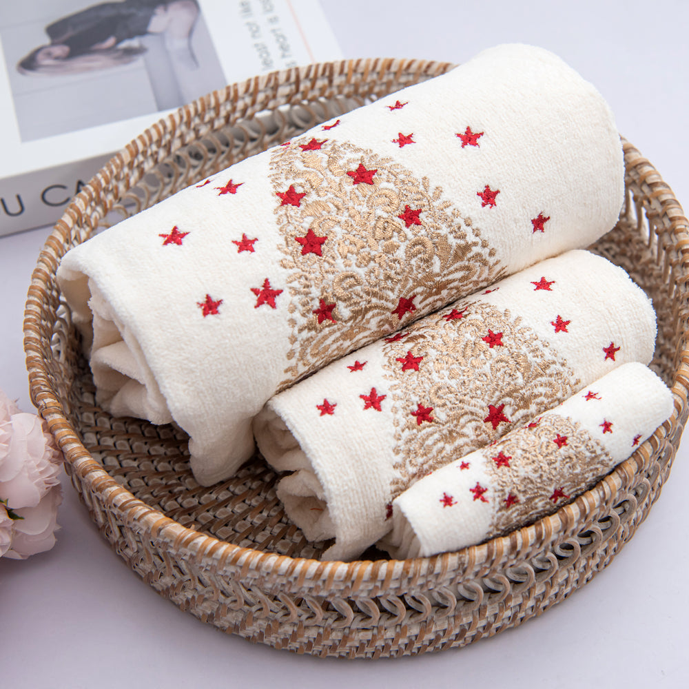 Premium Luxury Xmas Decor Soft 100% Cotton Embroidered Bathroom Christmas 3 Piece Towel Set, Gold Christmas Tree
