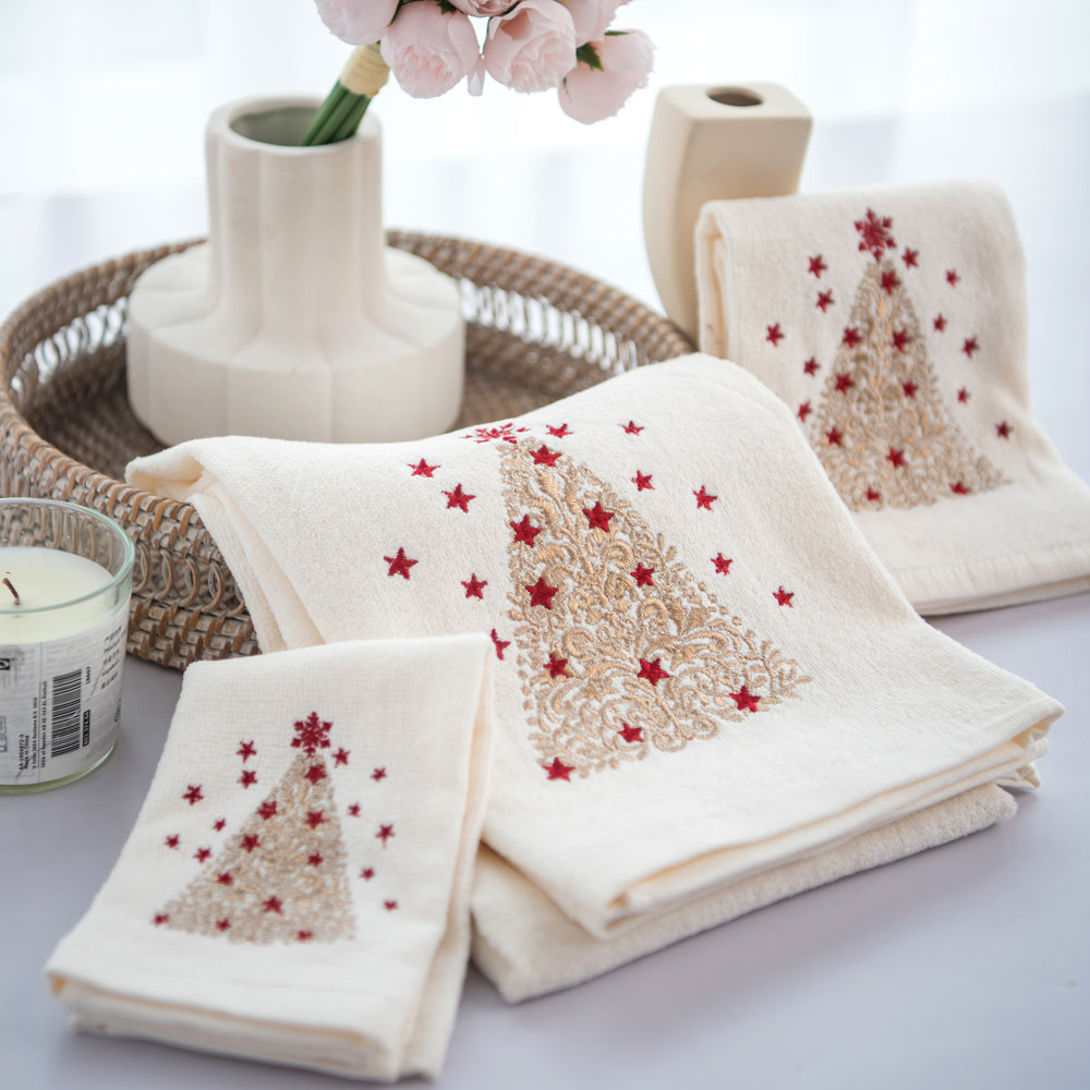 Premium Luxury Xmas Decor Soft 100% Cotton Embroidered Bathroom Christmas 3 Piece Towel Set, Gold Christmas Tree