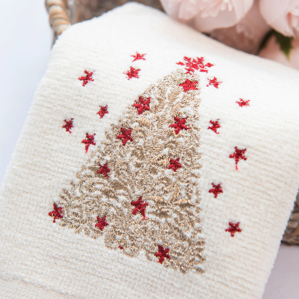 Premium Luxury Xmas Decor Soft 100% Cotton Embroidered Bathroom Christmas 3 Piece Towel Set, Gold Christmas Tree