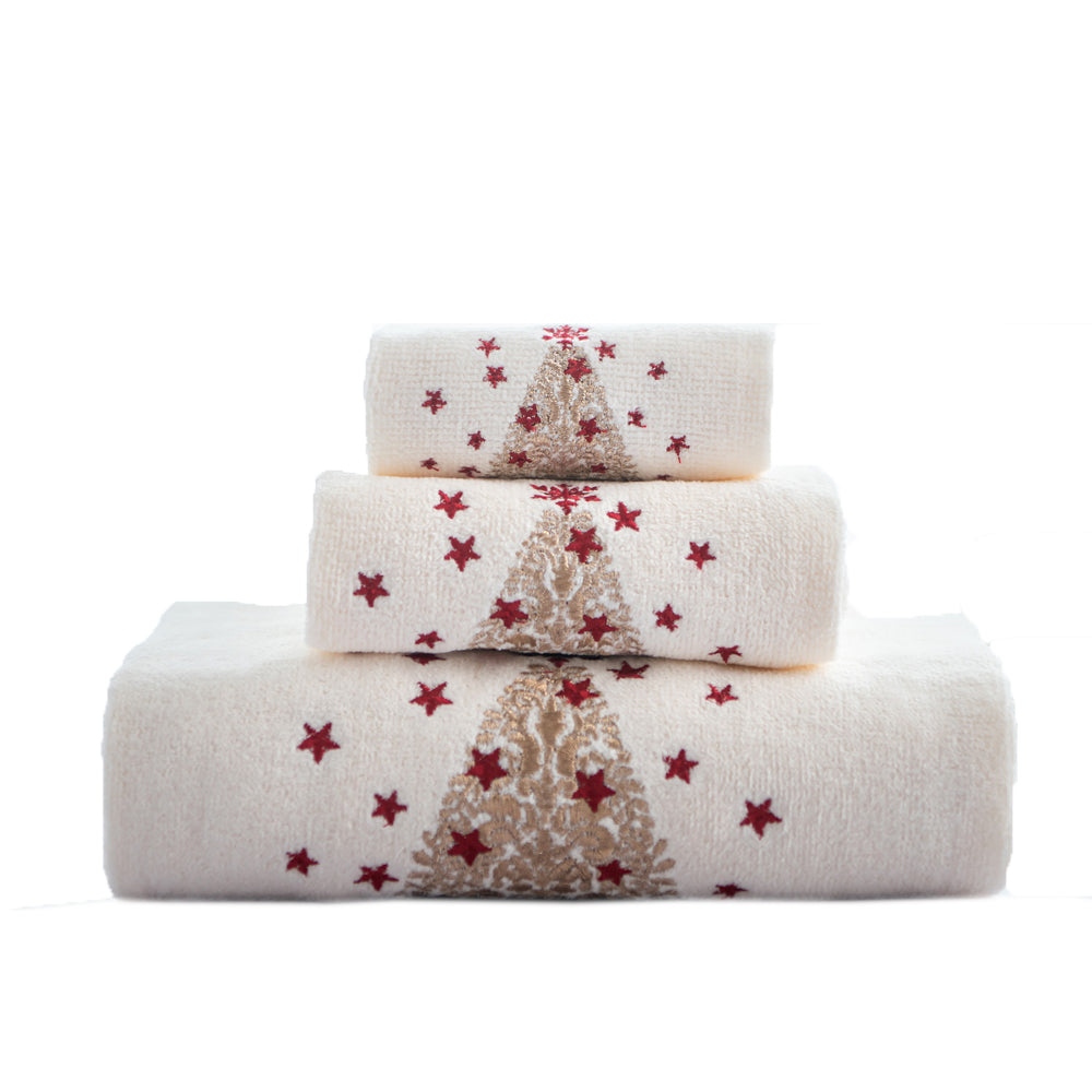 Premium Luxury Xmas Decor Soft 100% Cotton Embroidered Bathroom Christmas 3 Piece Towel Set, Gold Christmas Tree
