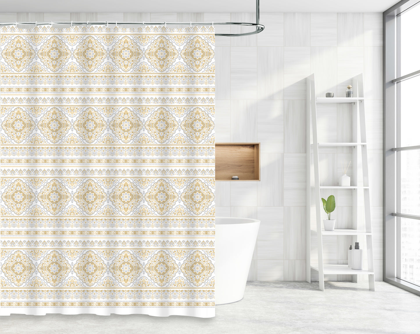 Waterproof Decor Printed Shower Curtain with Roller Hooks, Floral Damask Pattern