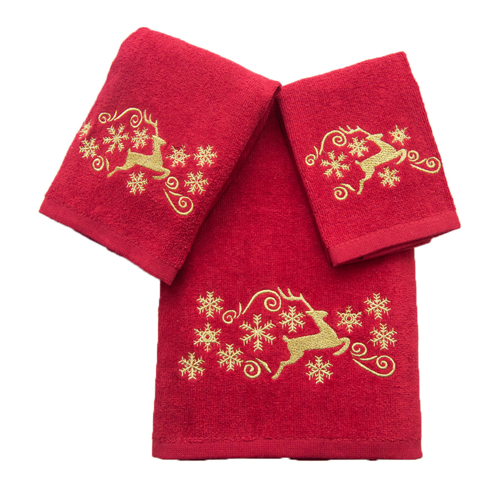 Premium Luxury Xmas Decor Soft 100% Cotton Embroidered Bathroom Christmas 3 Piece Towel Set, Gold Deer