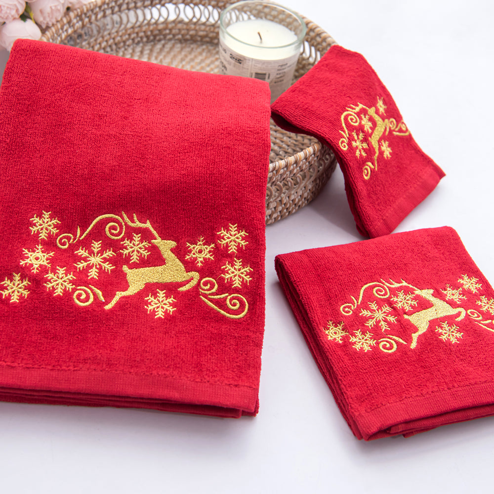 Premium Luxury Xmas Decor Soft 100% Cotton Embroidered Bathroom Christmas 3 Piece Towel Set, Gold Deer