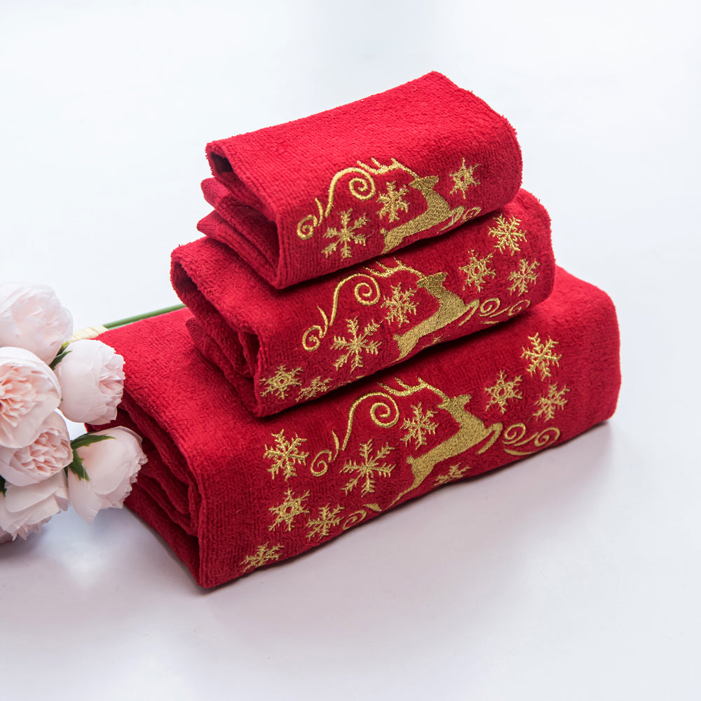 Premium Luxury Xmas Decor Soft 100% Cotton Embroidered Bathroom Christmas 3 Piece Towel Set, Gold Deer