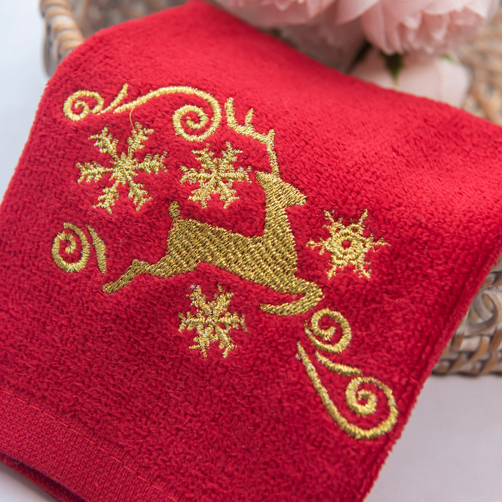 Premium Luxury Xmas Decor Soft 100% Cotton Embroidered Bathroom Christmas 3 Piece Towel Set, Gold Deer