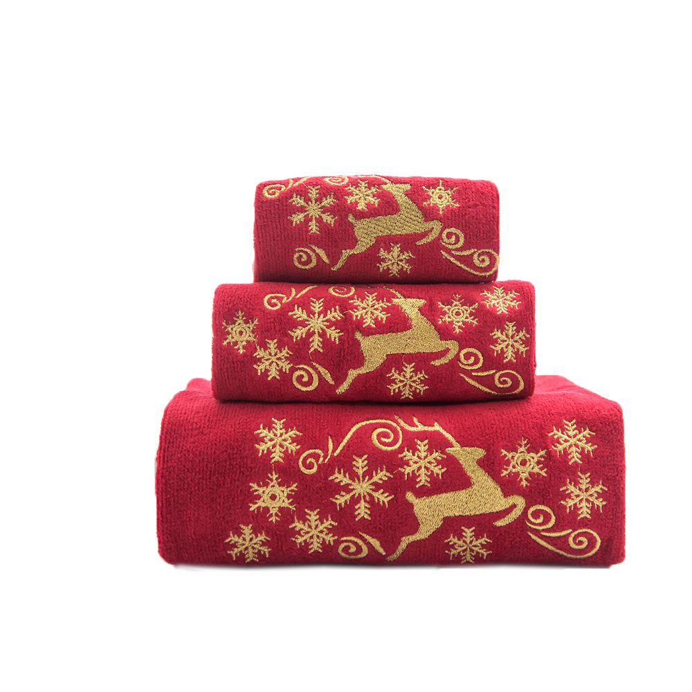 Premium Luxury Xmas Decor Soft 100% Cotton Embroidered Bathroom Christmas 3 Piece Towel Set, Gold Deer