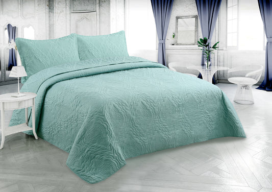 Embossed Pinsonic Solid Bedding Soft Summer Quilt Set, Green Color