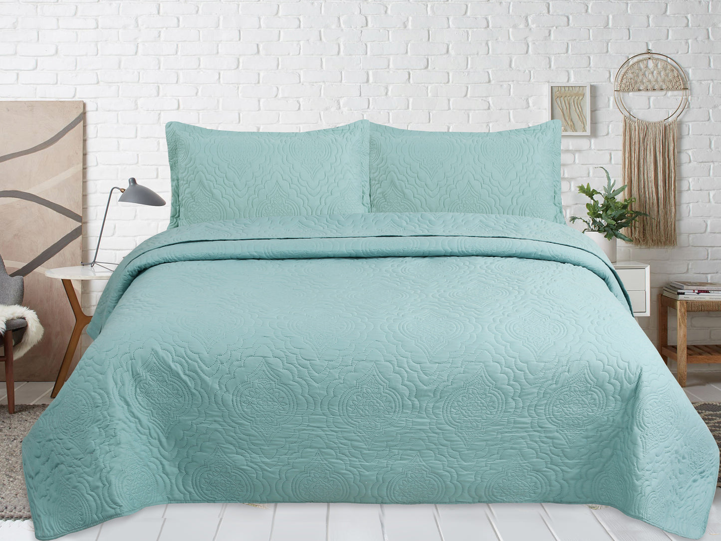 Embossed Pinsonic Solid Bedding Soft Summer Quilt Set, Green Color