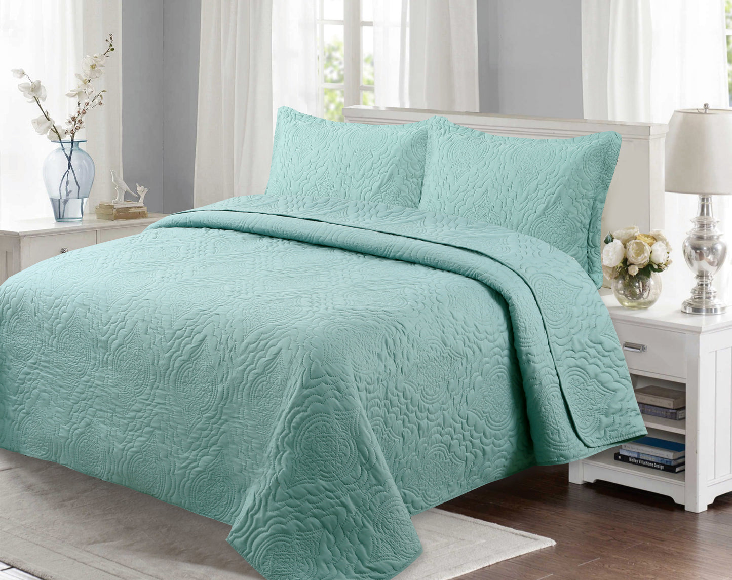 Embossed Pinsonic Solid Bedding Soft Summer Quilt Set, Green Color