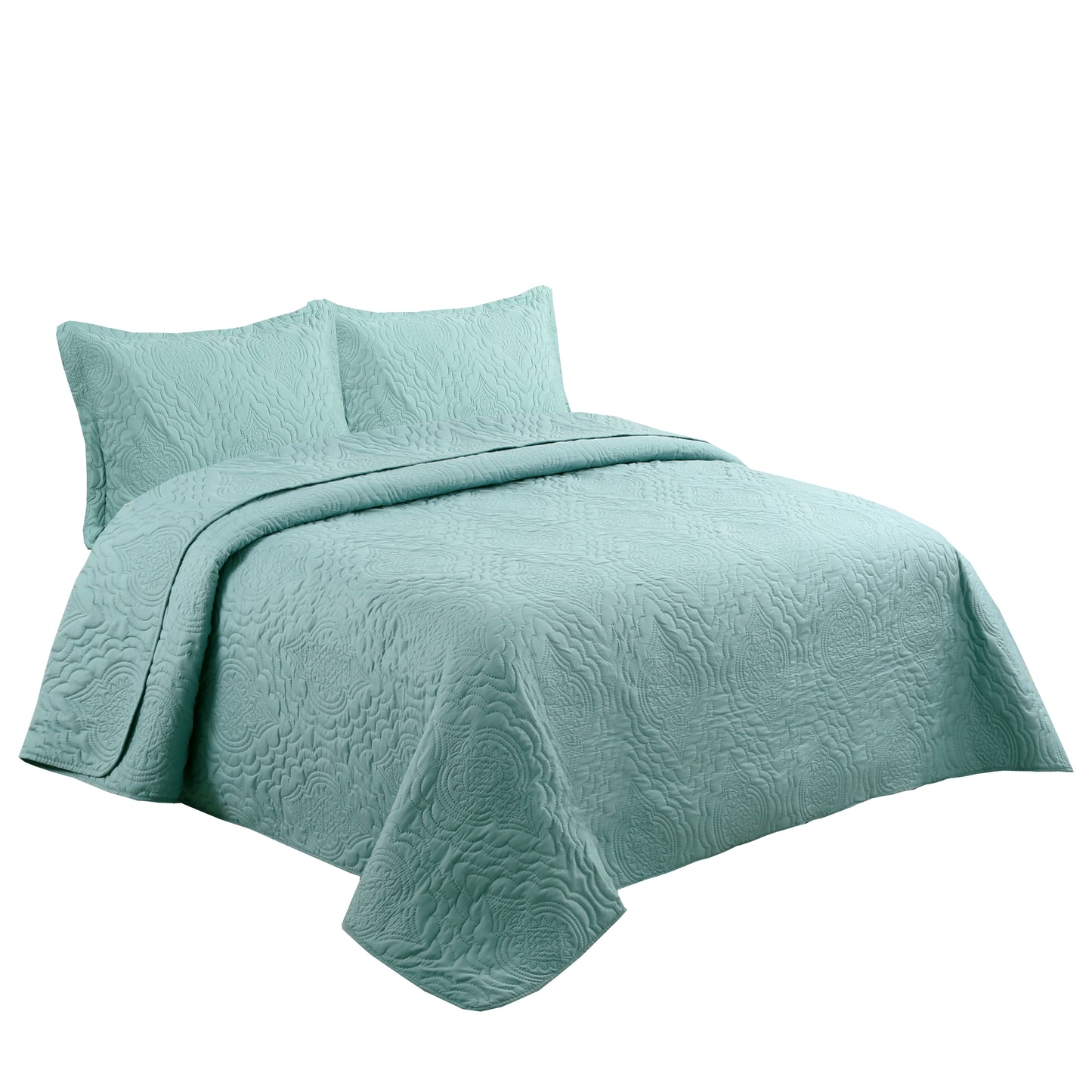Embossed Pinsonic Solid Bedding Soft Summer Quilt Set, Green Color