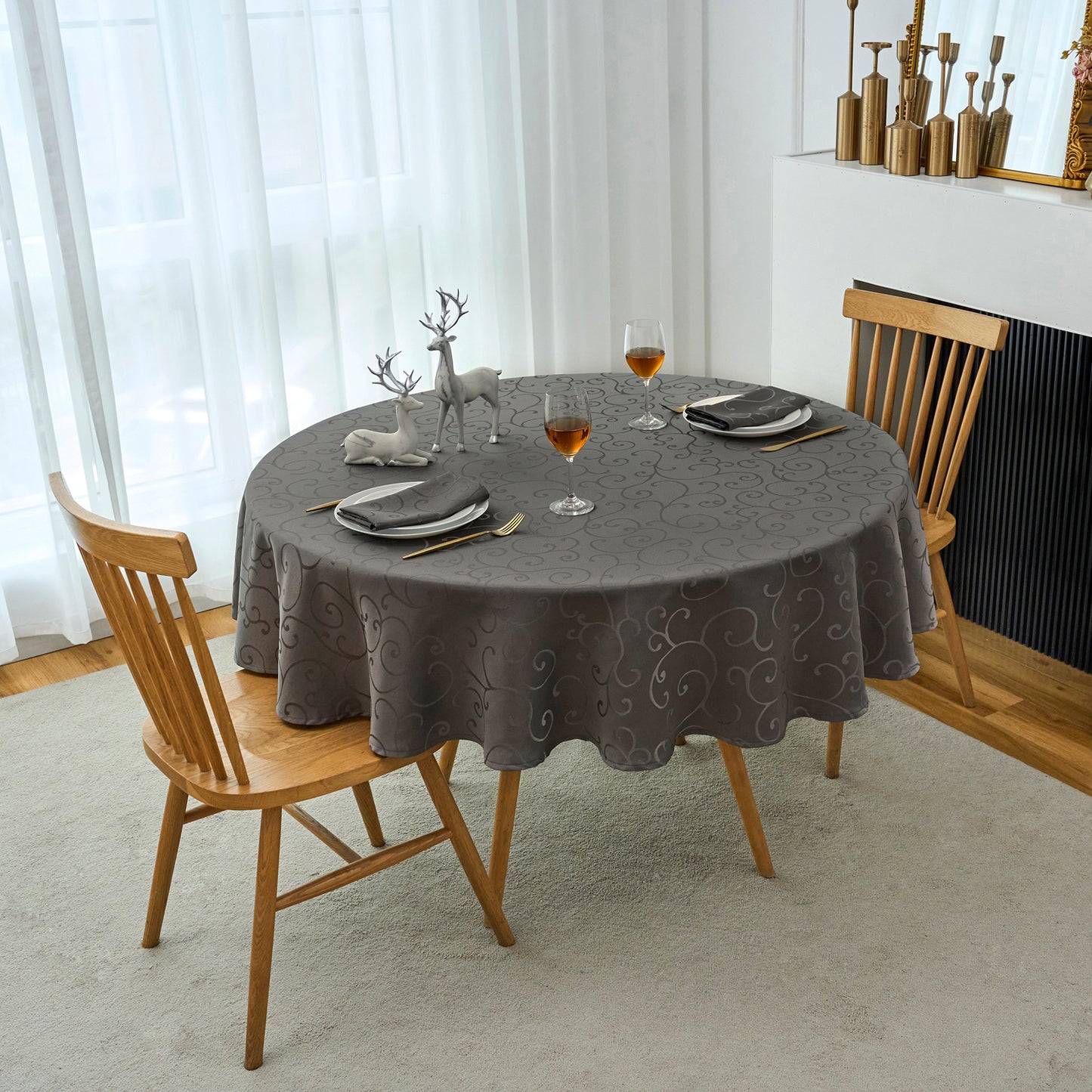 Jacquard Waterproof Thick Luxury Premium Solid Liquid Repellent Stain Resistant Decorative Home Kitchen Tablecloth, Charcoal Grey Color