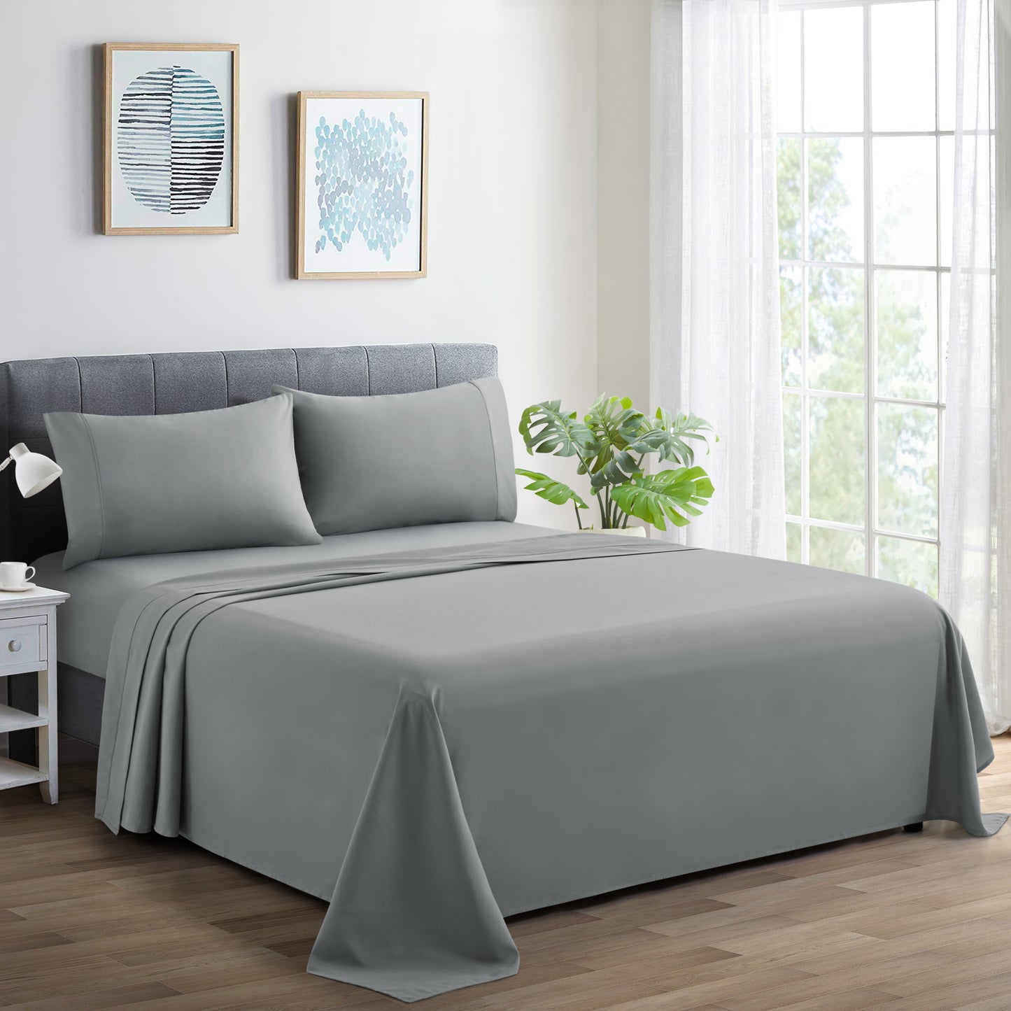 600 Thread Count Cotton Percale Soft Deep Pocket Solid Bedding All Season Sheet Set, Grey
