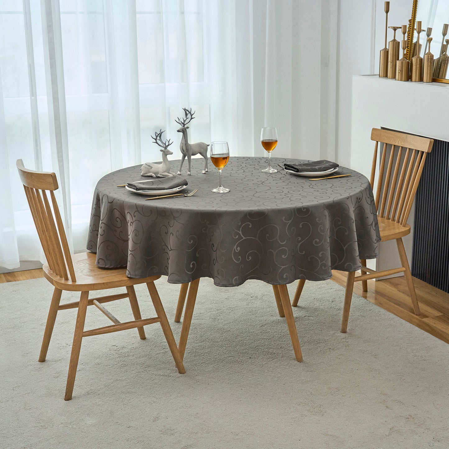 Jacquard Waterproof Thick Luxury Premium Solid Liquid Repellent Stain Resistant Decorative Home Kitchen Tablecloth, Charcoal Grey Color