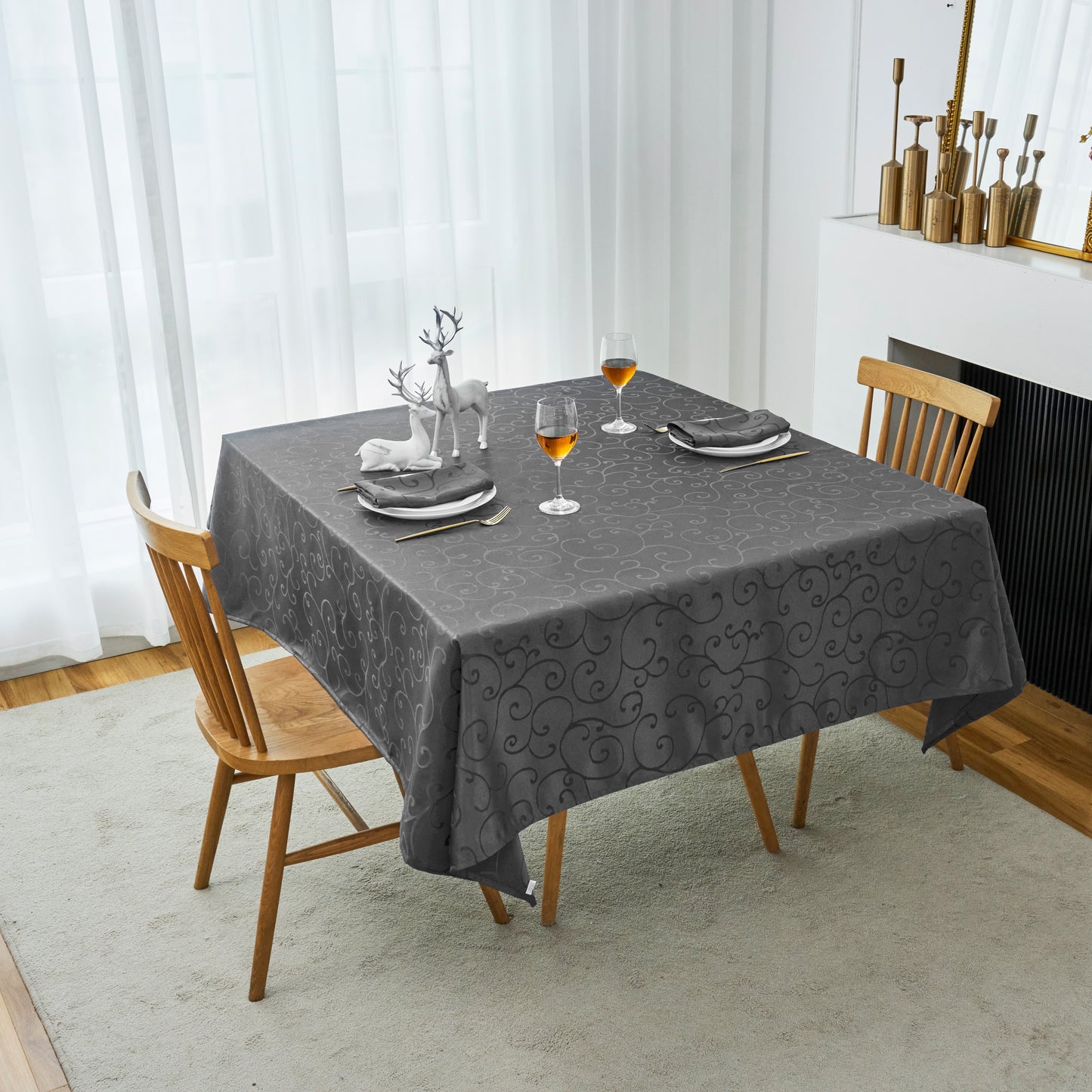 Jacquard Waterproof Thick Luxury Premium Solid Liquid Repellent Stain Resistant Decorative Home Kitchen Tablecloth, Charcoal Grey Color