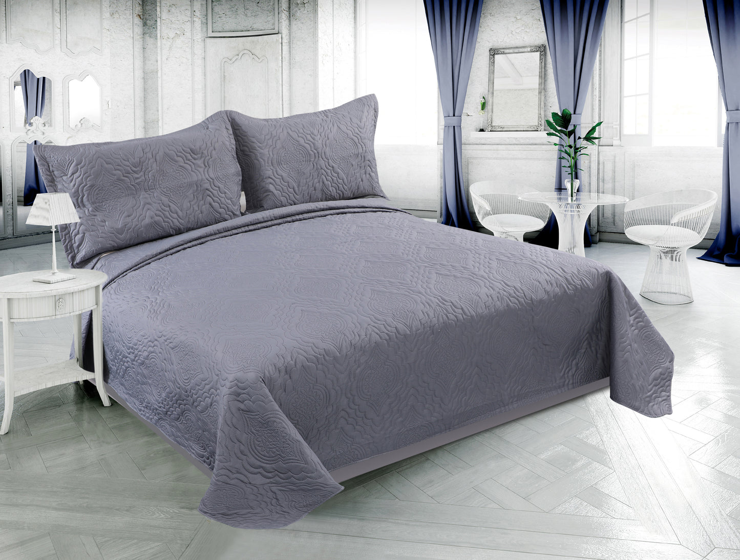 Embossed Pinsonic Solid Bedding Soft Summer Quilt Set, Grey Color