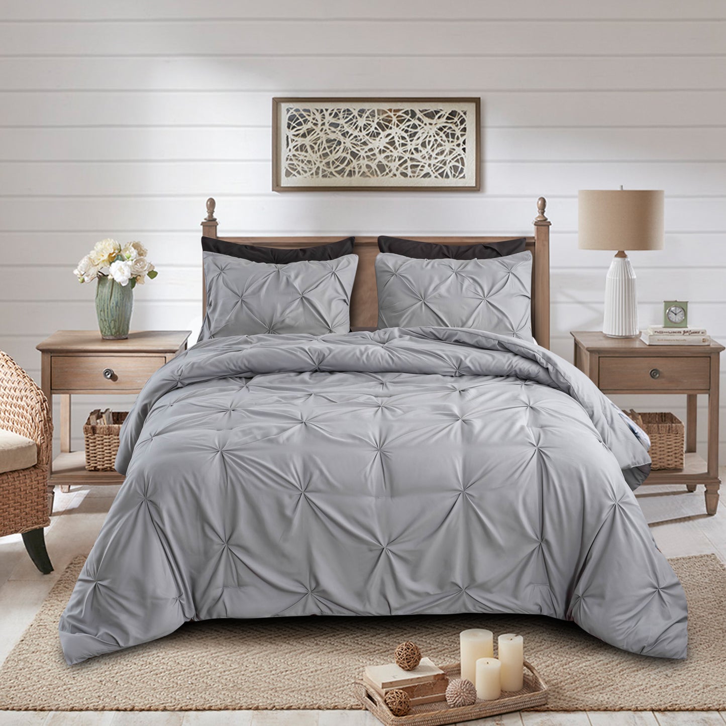 Pintuck Soft Luxury Fluffy Goose Down Alternative Solid Geometric Tufted Bedding Pinch Pleated Comforter Set, Grey