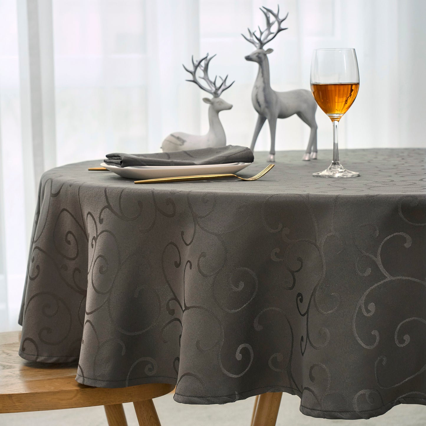 Jacquard Waterproof Thick Luxury Premium Solid Liquid Repellent Stain Resistant Decorative Home Kitchen Tablecloth, Charcoal Grey Color