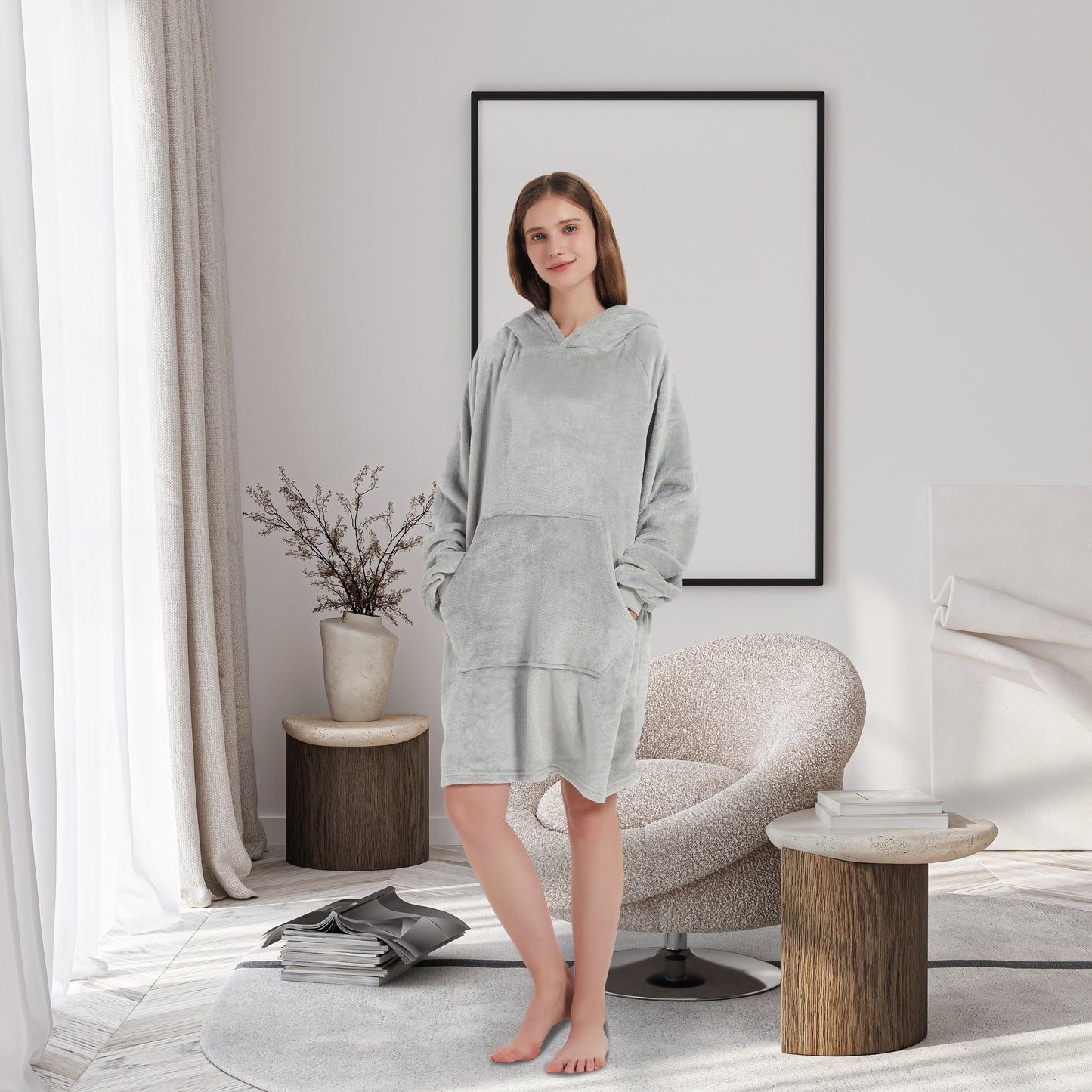 Wearable Hoodie Blanket with Sleeves and Giant Pocket Plush Hooded Sweatshirt for Adults Light Pink Color