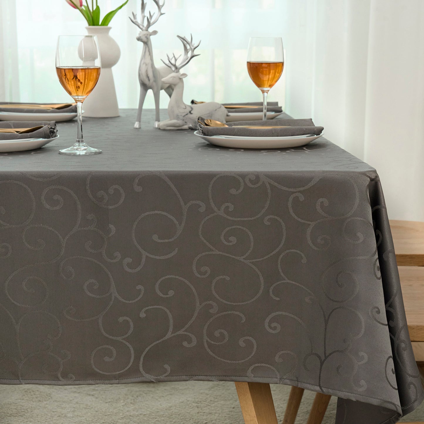 Jacquard Waterproof Thick Luxury Premium Solid Liquid Repellent Stain Resistant Decorative Home Kitchen Tablecloth, Charcoal Grey Color