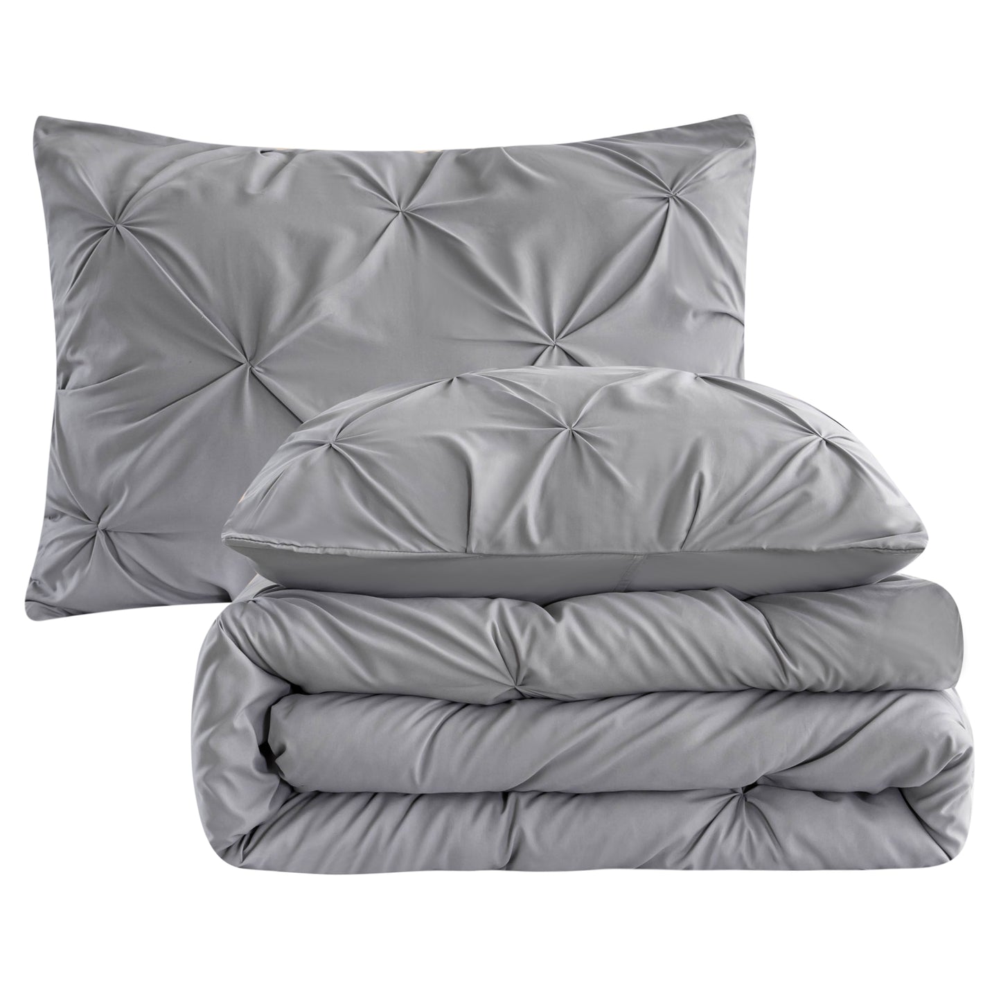 Pintuck Soft Luxury Fluffy Goose Down Alternative Solid Geometric Tufted Bedding Pinch Pleated Comforter Set, Grey