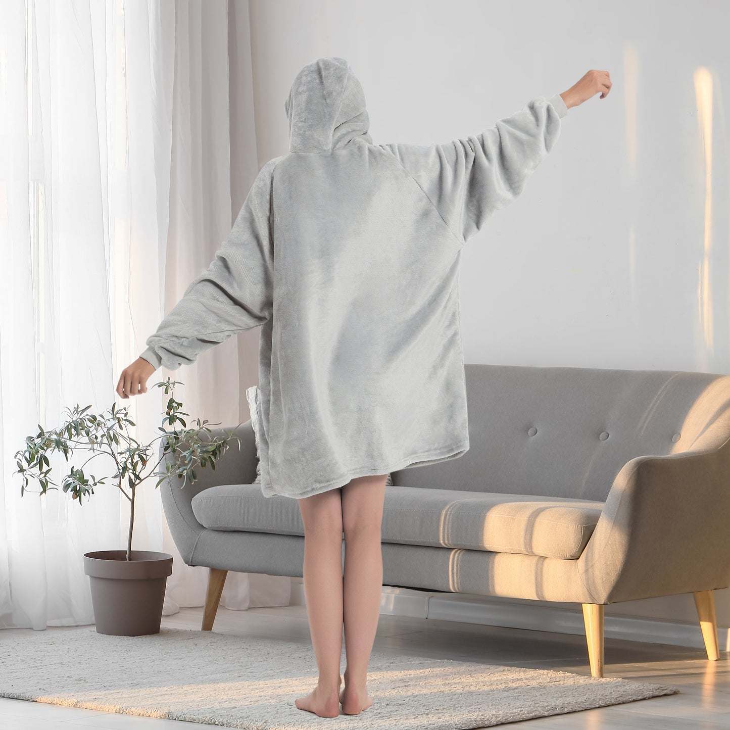 Wearable Hoodie Blanket with Sleeves and Giant Pocket Plush Hooded Sweatshirt for Adults Light Pink Color